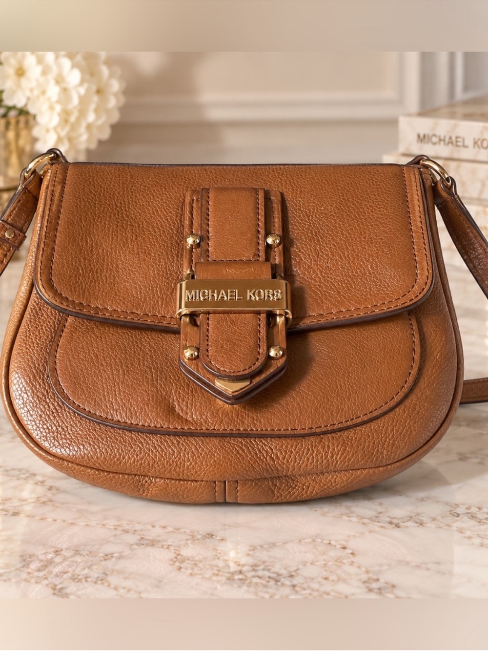 Michael Kors Brown Leather Studded Buckle Crossbody Bag Very Good Condition